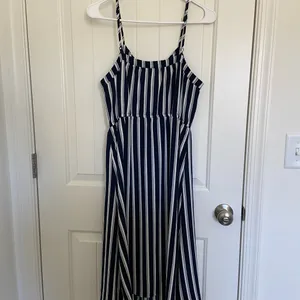 EUC Vero Moda women’s navy blue white striped button front midi dress medium‎ thumbnail 7