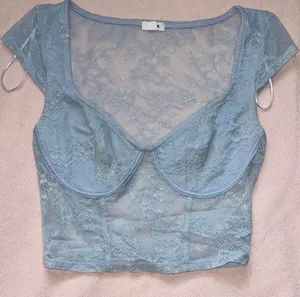 Garage Lace Corset Top Light Blue Y2K Crop Short Sleeve XS thumbnail 1