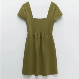 ZARA Squared Mini Babydoll Dress Puff Sleeves Solid Olive Green Knit Small thumbnail 11