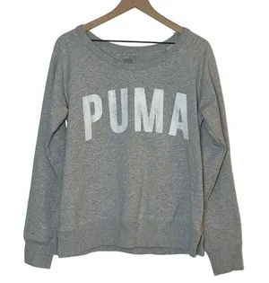 PUMA Sweatshirt Womens Size Large Gray White Spellout Logo Knit Stretch Pullover thumbnail 1