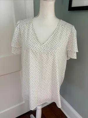 Pleione White V-Neck Short Sleeve Blouse Black Dot Flutter Sleeve Smocked Large thumbnail 1