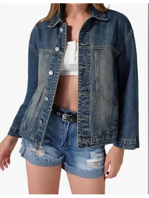 NEW Denim Jacket Oversized Button Long Sleeve Washed Jean Trucker Jacket L thumbnail 1