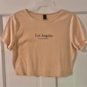 SHEIN Beige “Los Angeles California” Short Sleeve Ribbed Fitted Crop Top thumbnail 4