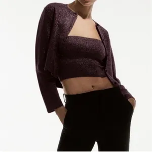 Zara Metallic Knit Cardigan Women's Medium Purple‎ Party Cropped Holiday Glam thumbnail 10