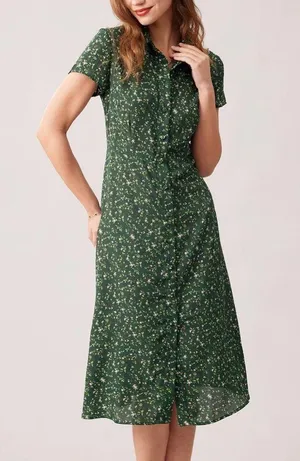 Rihoas Green Lapel Button Up Floral Midi Dress thumbnail 2