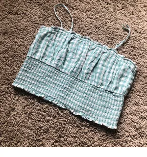 | New Without Tags Blue & White Picnic Plaid Smocked Crop Top thumbnail 1