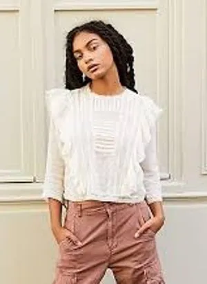 FREE PEOPLE | S| Jasmine Ruffle Blouse Top Gauzy Semi Sheer White Women's thumbnail 1