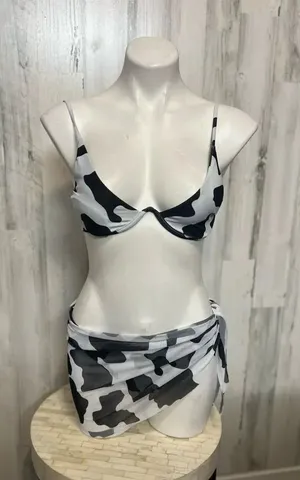 3-Piece Cow Print Bikini Set with Matching Mesh Sarong Women’s Small thumbnail 1
