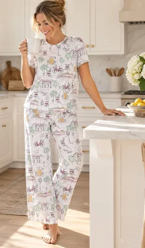 Joyspun Dreamy Soft Paris Cafe Print Pajama Set Short Sleeve Wide Leg Small 4-6 thumbnail 1