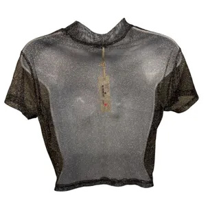 NWT COTTON ON Black Metallic Mesh Crop Top M Grunge Goth Festival‎ Punk Fetish thumbnail 4