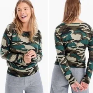 J.Crew S Sweater Merino Wool Camo Crewneck K1279 Green Brown Long Sleeve Raglan thumbnail 2