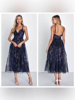 Lulu's Elaborate Elegance Navy Floral Print Tulle Pleated Midi Dress thumbnail 2