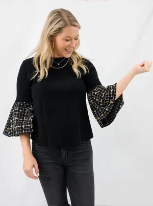 THML Tweed Angel Sleeve Top black gold tweed detailing on the bell sleeve NWT thumbnail 1