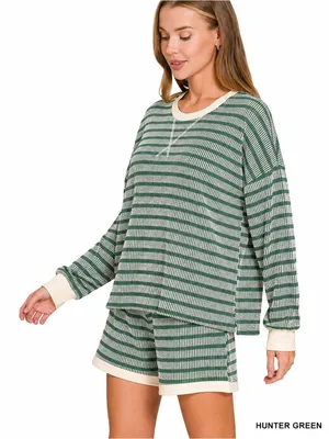 Raised Rib Striped Pullover & Shorts Set – Hunter Green Small thumbnail 1