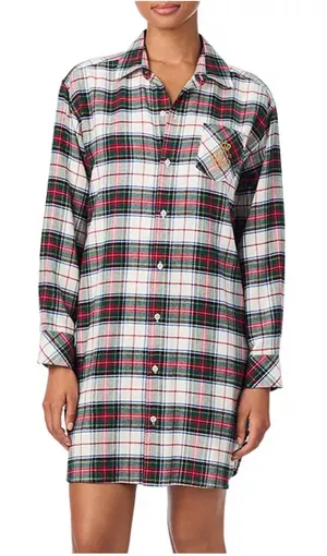Ralph Lauren Plaid Flannel Sleep Shirt Medium Red Green Gold thumbnail 1