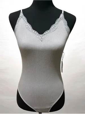 Forever 21 Light Gray Ribbed Lace-Trim Bodysuit thumbnail 1