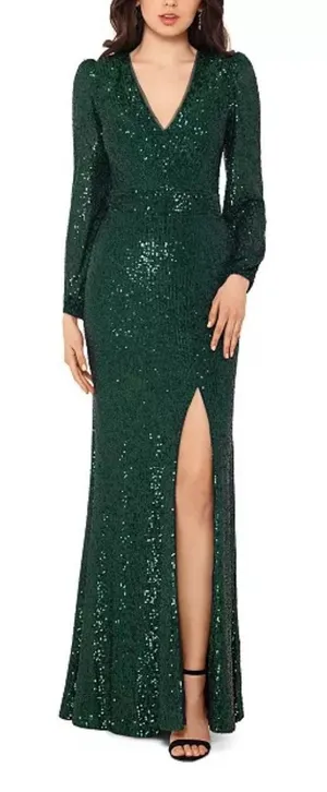 XSCAPE Women's Sequinned High-Slit Evening Gown‎ Hunter Green Size 4 thumbnail 1