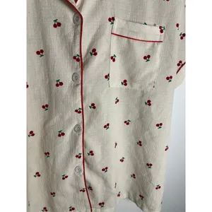LG Cherry Print Pajama Top Cream Red Piping Short Sleeve Button Down Girly thumbnail 3