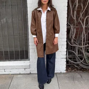 7 For All Mankind brown faux leather balloon sleeve button up front coat M #preppy #oldmoney #professor #minimalist thumbnail 2