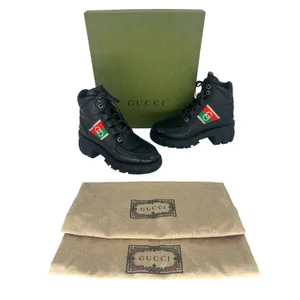 Gucci Romance‎ Web Stripe Lug Sole Leather Lace-Up Ankle Boot Black 38 thumbnail 3