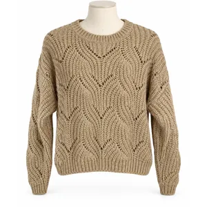 ONLY Our Story S Sweater Beige Havana Long Sleeve Pullover Pointelle Knit Tan thumbnail 2
