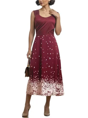 Women's Elegant Floral Print Sleeveless Waist-cinching Dress Burgundy Color thumbnail 2