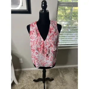 Intermix Red White Floral Silk‎ Ruffle Sleeveless Blouse Top Size Small thumbnail 8