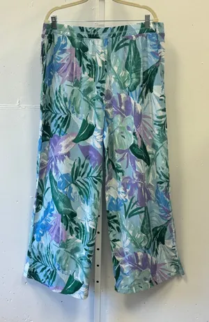 Cuddl Duds Tropical Palm Print Wide Leg Pants Blue Green Purple XL High Waist thumbnail 1
