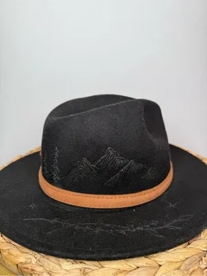 WR Black Felt Western Hat Fedora Mountain Forest hand Etching Cowboy Brown Band thumbnail 2