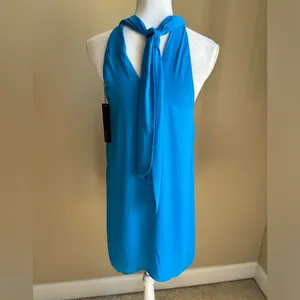 Krisa NWT High Neck Shift Cocktail Dress in Blue thumbnail 4