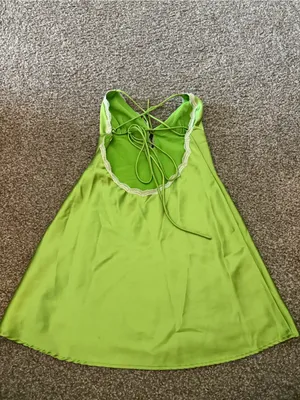 Lace-Trim Satin Mini Dress in Lime Green thumbnail 3