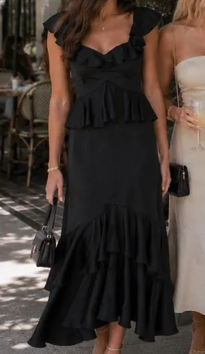 NWT Show Me Your MuMu Reese Ruffle Dress Satin Black SIZE XSMALL thumbnail 1
