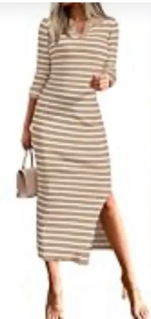 Mirol Tan Stripe Ribbed Collar V Neck Long Sleeve Fitted Midi Dress Size XL thumbnail 1