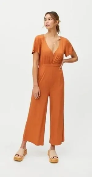 MINKPINK Allison + UO Orange Allison Wide Leg Ribbed Deep Plunge Backless Jumpsuit Medium thumbnail 1