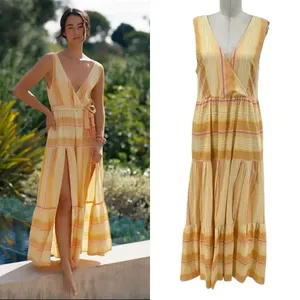 L*Space Clara‎ V-Neck Double Tiered Maxi Dress Yellow Orange Stripe Size Small thumbnail 2