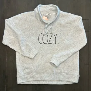 Rae Dunn “COZY” Sweatshirt Pullover Grey Funnel Neck Lounge hygge minimal NWT SM thumbnail 3