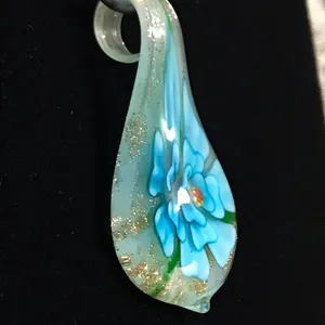 Opaque Gold& Blue Flower Glass Pendant Rubber Cord Necklace With Extend New thumbnail 2