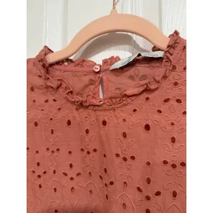 Zara Woman Premium Denim Collection Eyelet Blouse Terracotta Coral Ruffle Neck M thumbnail 4