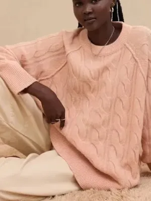 Aerie unREAL Cable Knit Crew Sweater in Pink size small- very oversized #1467 thumbnail 3
