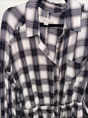Vintage Havana Plaid‎ Button Down Shirt Dress Navy White Distressed Medium thumbnail 7
