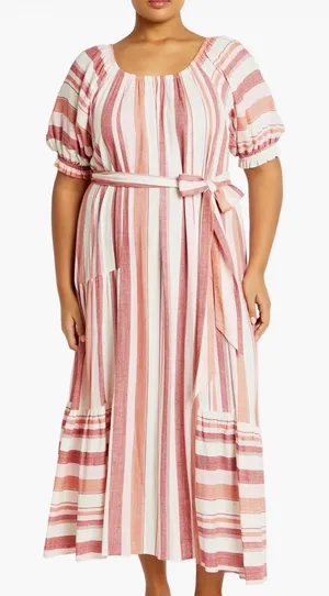 City Chic‎ Jemima Dress Cosmo Striped Tiered Midi Puff Sleeve Belted Pink XXL 24 thumbnail 1
