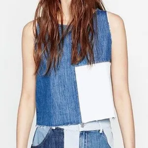 ZARA Patchwork 2-Tone Denim Raw Hem Tank Top Blue White Size Small 5575/012/400 thumbnail 3