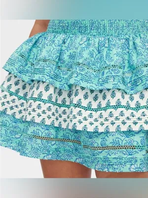 NWT Roller Rabbit x Target Aqua Blue Floral Flounce Skirt, 100% Cotton, Size S thumbnail 2