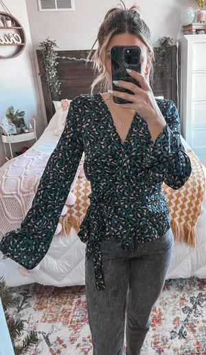 Blue Leopard Print Wrap Blouse  thumbnail 1