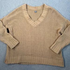 Aerie Women's Small Chunky Knit V-Neck Sweater Tan Chenille Pullover Top thumbnail 1
