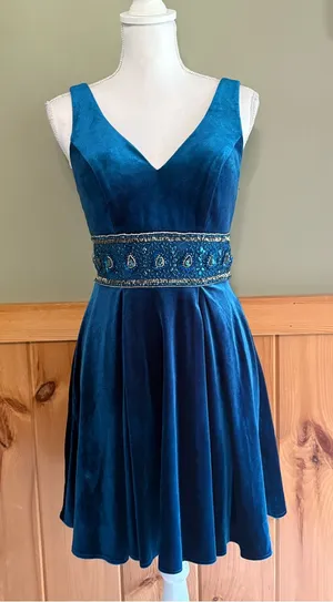 Lucci Lu V-Neck Teal Velvet Mini Dress with Beaded Waist size 4 NWT* thumbnail 1