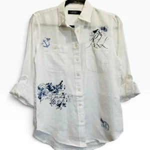 Lauren Ralph Lauren 100% Linen Nautical Graphic Button Down Shirt White XS NWT thumbnail 5