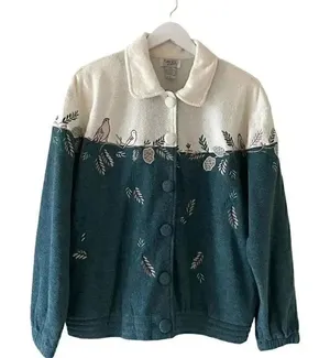 Vintage Teddi Cabin Fever Women's Fleece Novelty Print Teal Embroidered Birds M thumbnail 1
