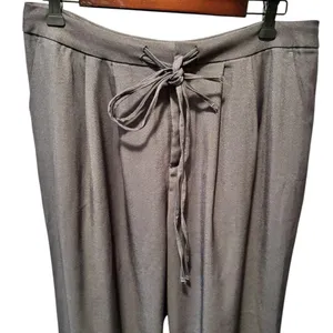 High Waisted Drawstring Zipper Side Pocket Plain Wide Leg Pants Sz L Gray thumbnail 3