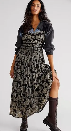 Free People Size S‎ Charlie Bustier Maxi Dress Black Gold Metallic Whimsigoth thumbnail 1